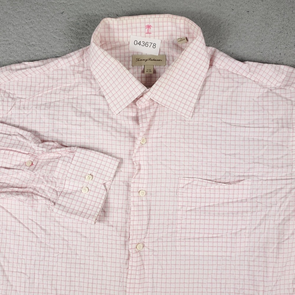 Tommy Bahama Mens 17.5 32/33 Pink Check Dress Button Up Long Sleeve Shirt